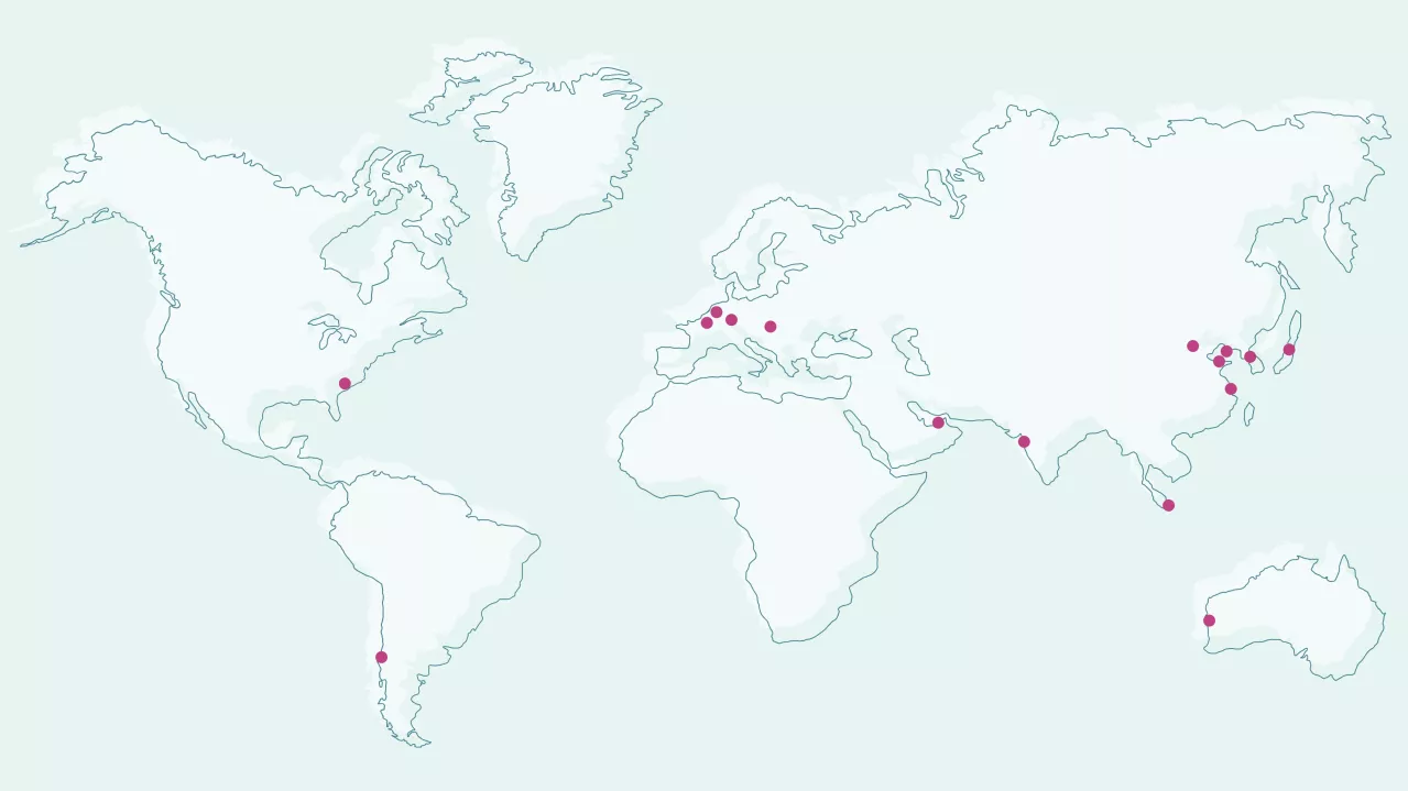 Interactive map showing Albemarle Office locations around the world. Red dots in the eastern United States, Chile, South America, Southern and Eastern Asia, the Middle East, Western Australia, and Europe indicate locations.