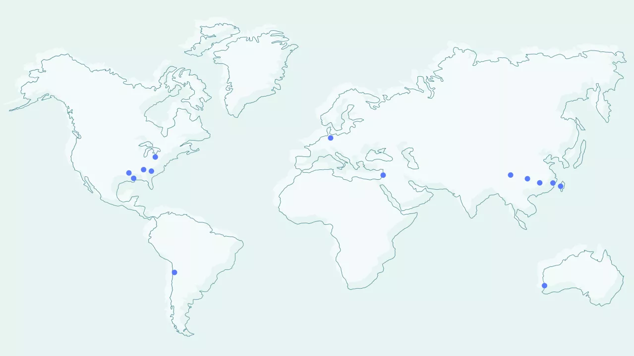 Interactive map showing Albemarle Processing and Conversion locations around the world. Blue dots in the eastern United States, Chile South America, China, the Middle East, Western Australia, and Europe indicate locations.