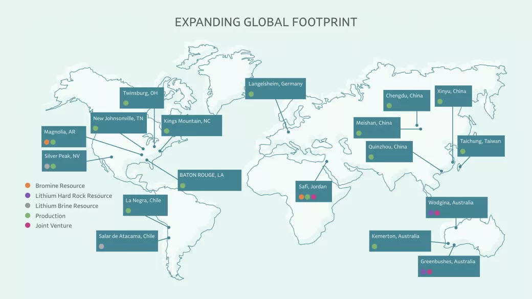 A world map titled "expanding global footprint" shows various locations marked to indicate presence of resources, joint ventures, and production facilities. icons differentiate resource types like lithium, brine, and hard rock.