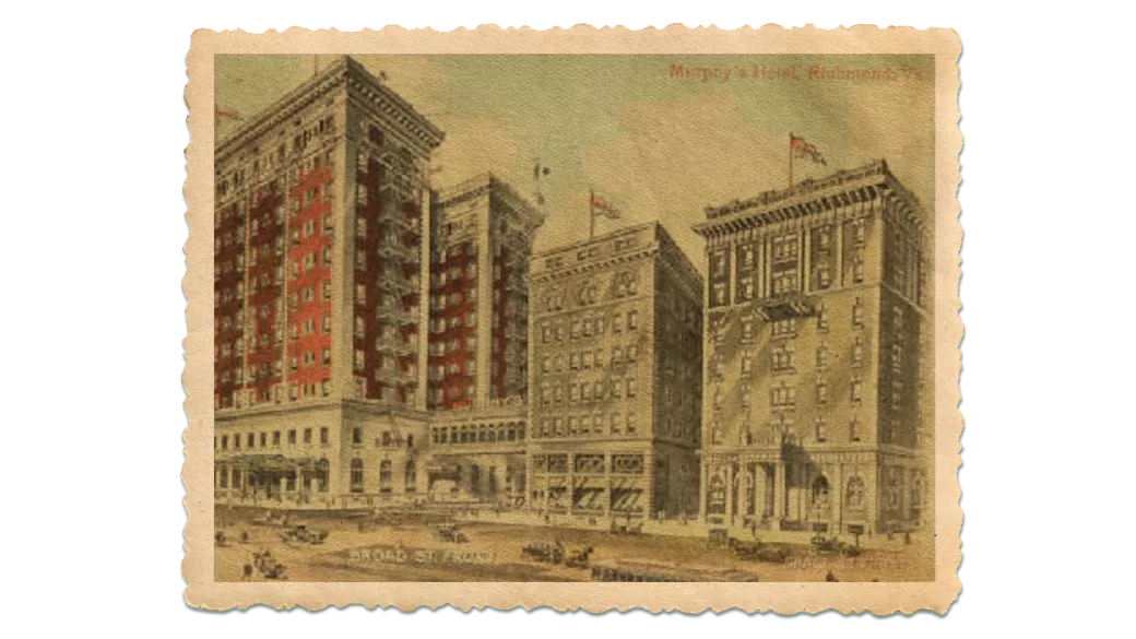Vintage postcard from 1887 depicting the Murphy's Hotel in Richmond, VA, showing three ornate buildings at the corner of a bustling street with early 20th-century cars and pedestrians.