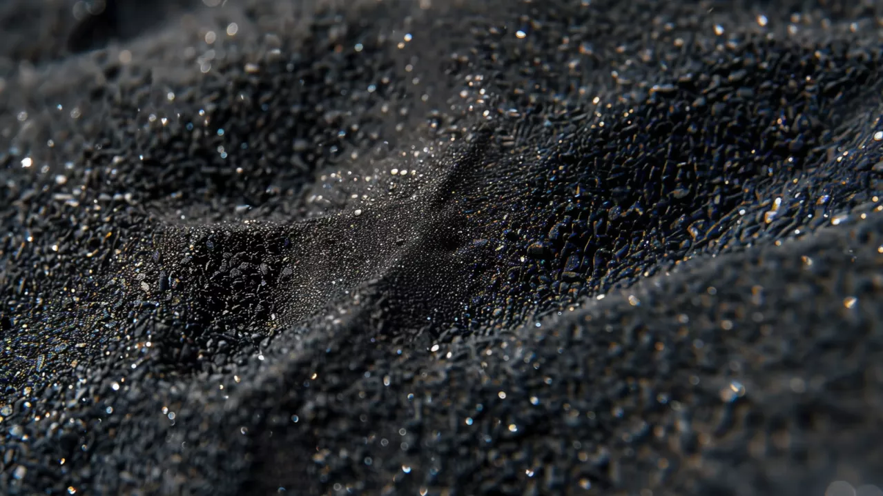 Close-up of water droplets on a dark, textured surface, highlighting the intricate details and shimmering reflections on each droplet.