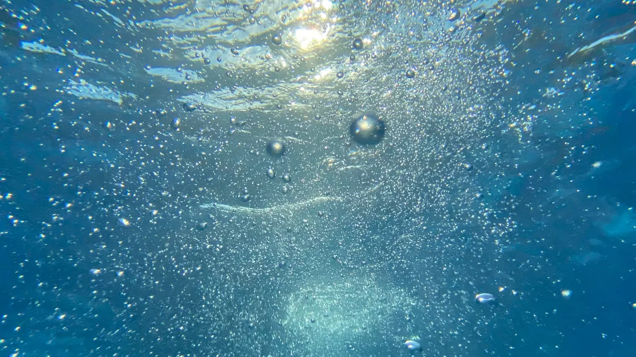 Underwater view showing bubbles rising toward the sunlit surface of clear blue water, creating a shimmering effect.