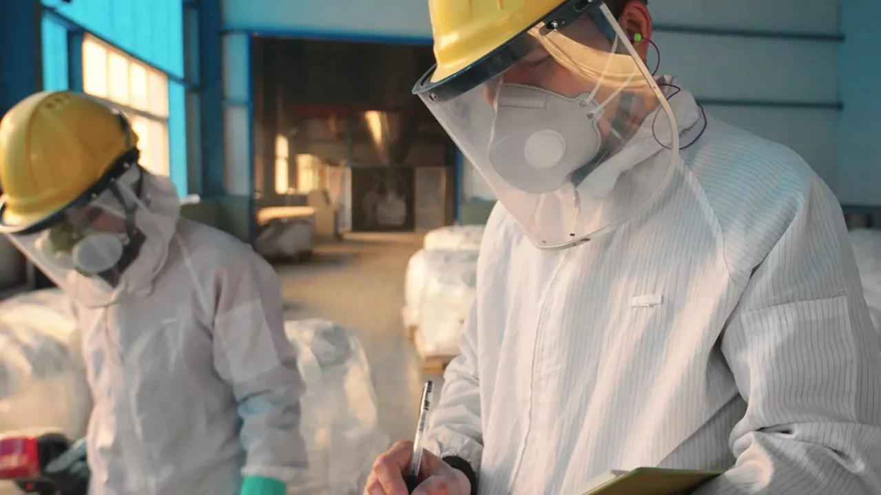 Two individuals in protective clothing, including white coveralls, yellow helmets, and face shields, work in an industrial setting. One person writes on a clipboard, while the other, in the background, attends to tasks near wrapped equipment or packages.