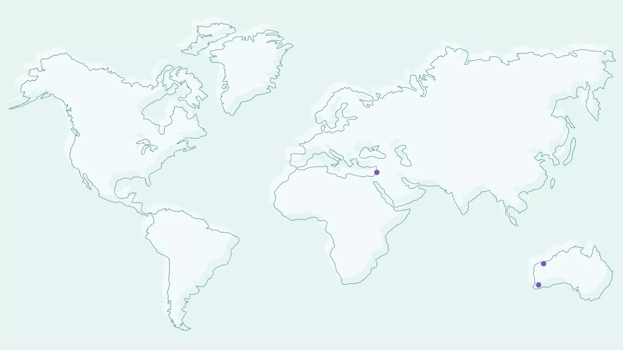 Interactive map showing Joint Venture locations around the world. The middle east has a dot and Western Australia indicating locations.