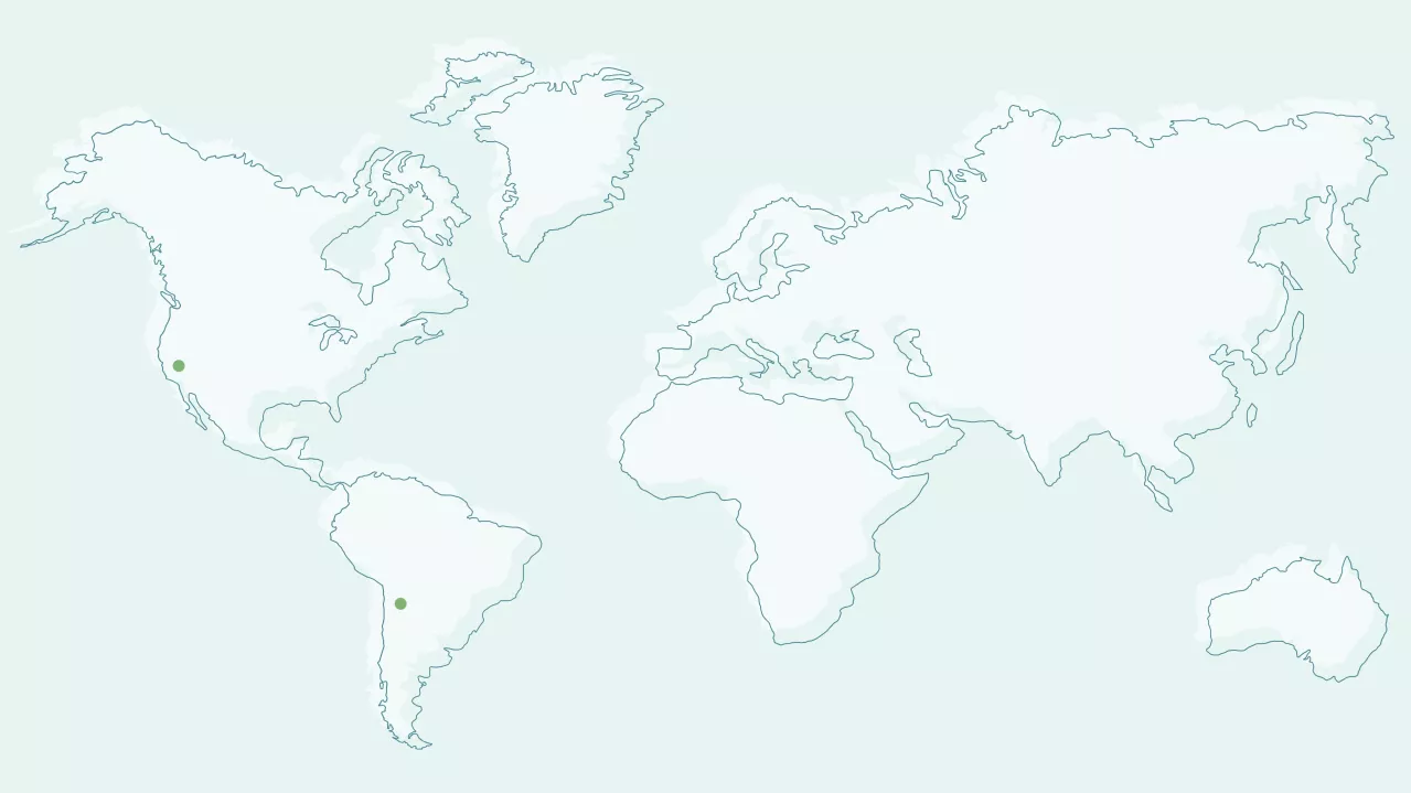 Interactive map showing Lithium Brine Resource locations around the world. Green dots in the Western United States and Chile, South America indicate locations.