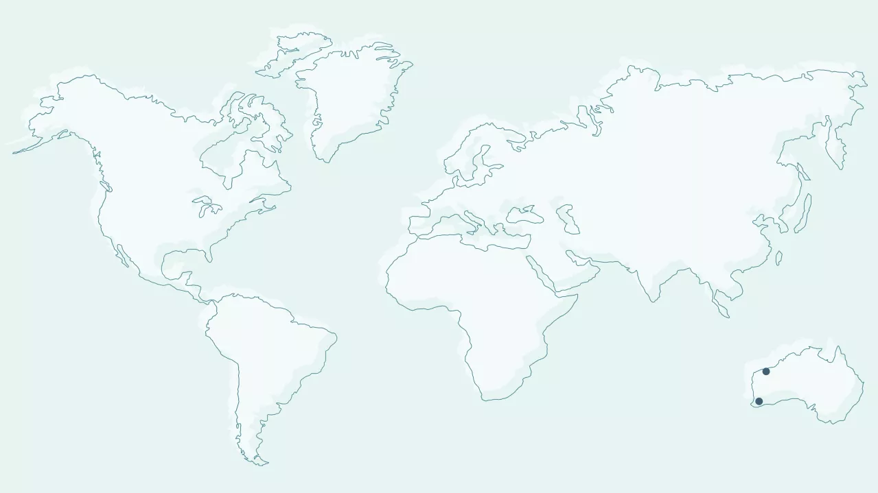 Interactive map showing Lithium Hard Rock Resource locations around the world. Dark green dots in Western Australia has dots indicate locations.