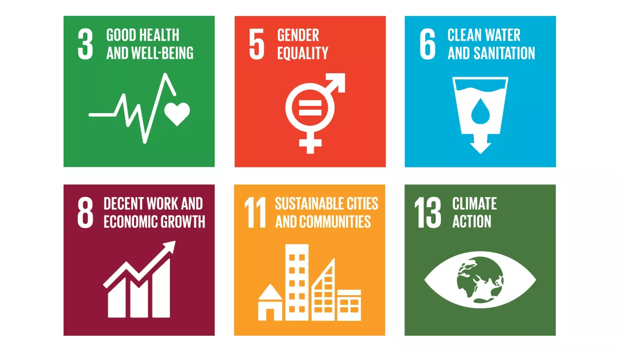Icons representing six of the United Nations' Sustainable Development Goals and Albemarle's rank for each goal: 3) Good Health and Well-Being, 5) Gender Equality, 6) Clean Water and Sanitation, 8) Decent Work and Economic Growth, 11) Sustainable Cities and Communities, 13) Climate Action.