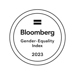 Circular badge with an equal sign at the top, followed by "Bloomberg Gender-Equality Index" in the center, and the year "2023" at the bottom.