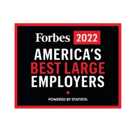 A black and red graphic showing the Forbes 2022 award for America's Best Large Employers, powered by Statista. The text is centered in a bold white and red font inside a red border.