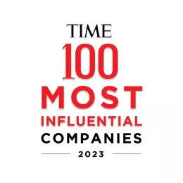 Logo of TIME's 100 Most Influential Companies 2023, featuring large bold red and black text on a white background.