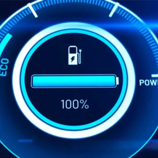 A digital display of a vehicle’s battery level showing a full charge at 100%, with an icon of a fuel pump and a plug, framed by an eco and power gauge.