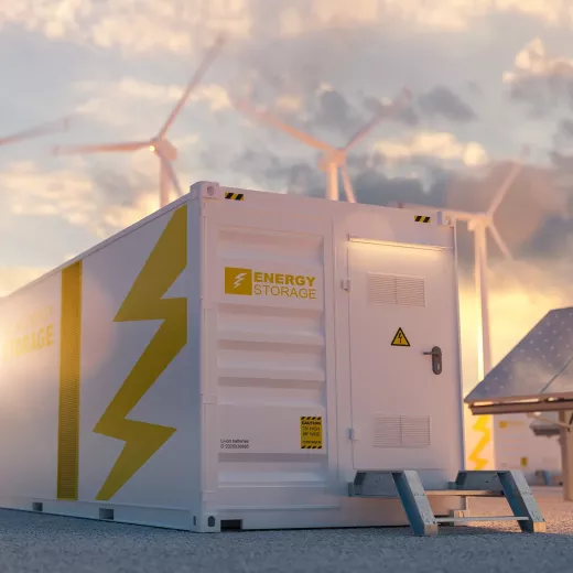 A large energy storage unit labeled "Energy Storage" with a lightning bolt symbol, positioned outdoors with wind turbines in the background during sunset.