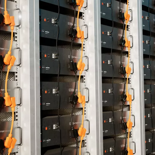 A close-up of multiple rows of batteries housed in a metal rack. Orange connectors and black wires are attached to the batteries. The setup appears to be part of a data center or power backup system. The metallic structure is well-organized and uniform.