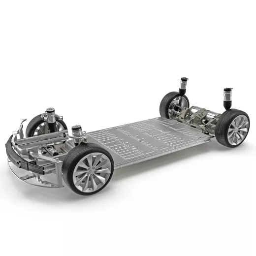 3d rendering of an electric vehicle's platform showing its battery pack in the chassis and wheel assemblies.